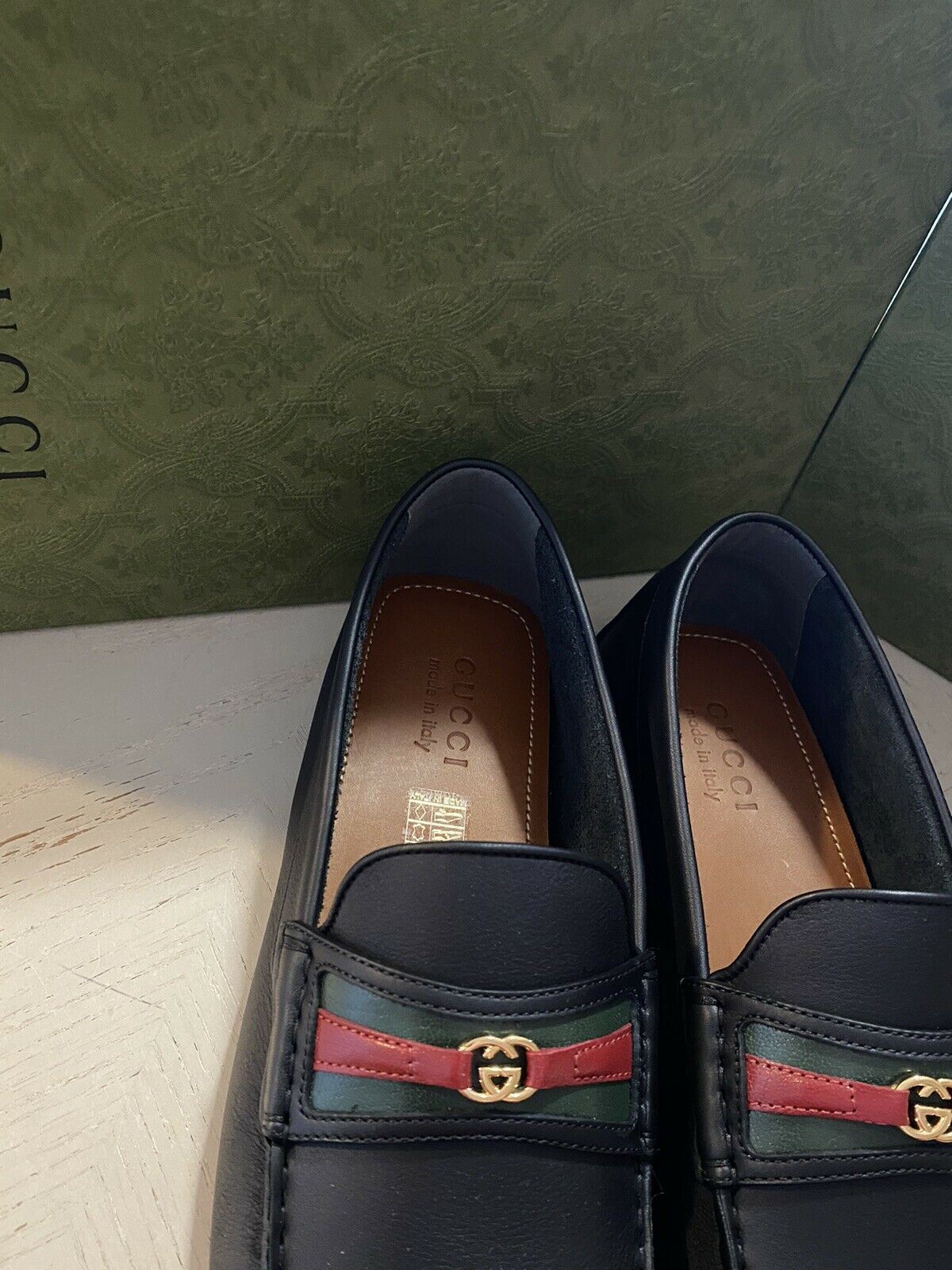 New Gucci Men’s GG Leather Driver Loafers Shoes Black 9 US ( 10 UK ) Italy