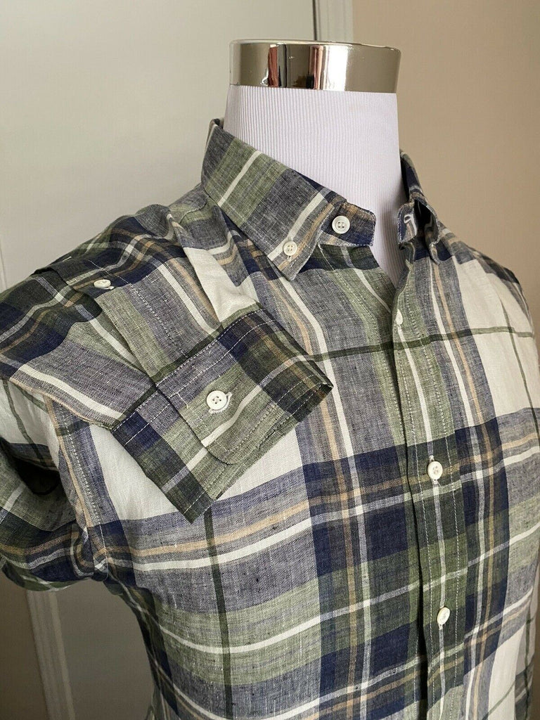 Neu mit Etikett: 625 $ Brunello Cucinelli Herren-Leinenhemd, Freizeit-Passform, Blau/Grün, L