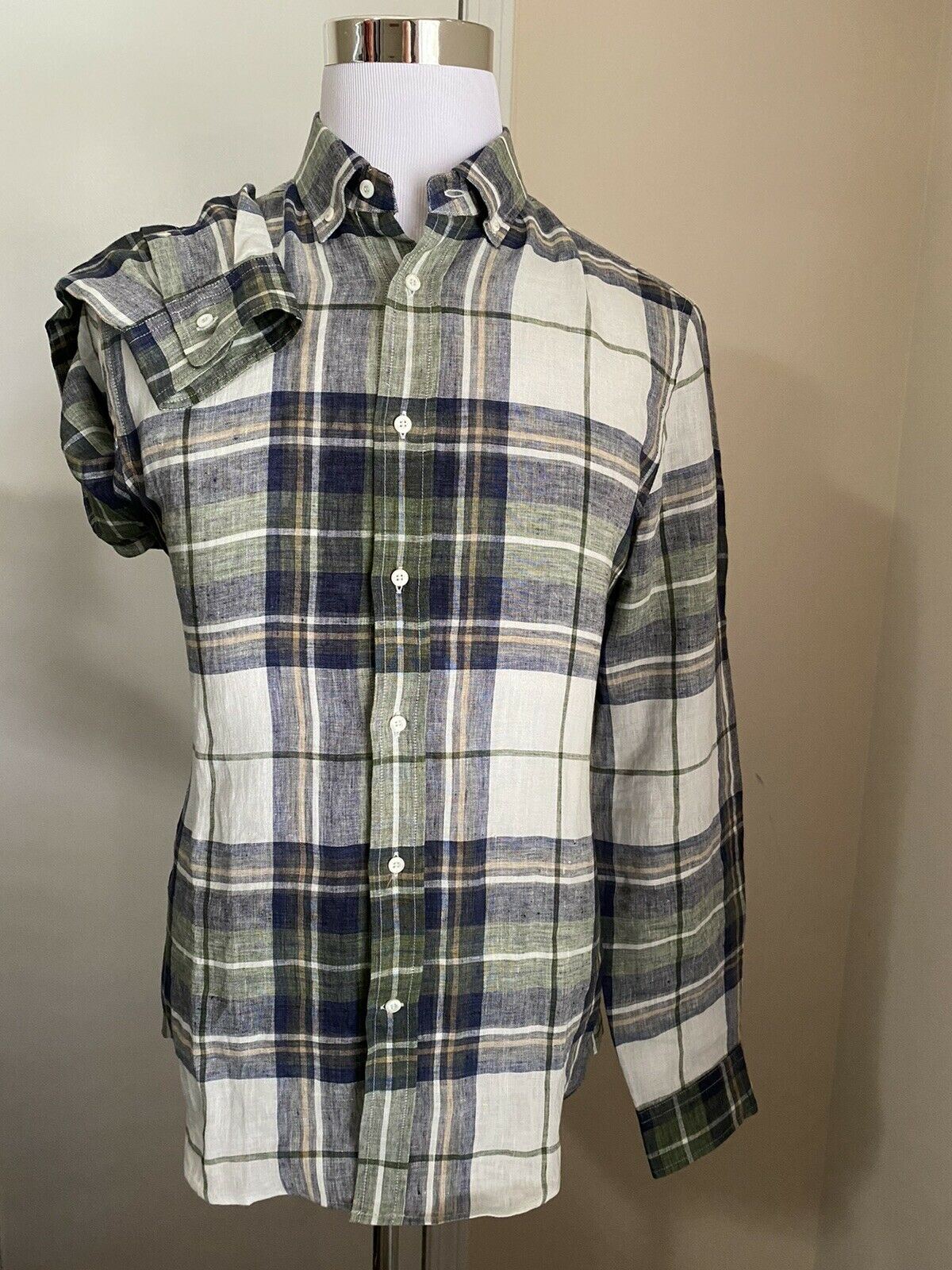 NWT $625 Brunello Cucinelli Men’s Linen Dress Shirt Leisure Fit Blue/Green L