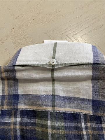 NWT $625 Brunello Cucinelli Men’s Linen Dress Shirt Leisure Fit Blue/Green L
