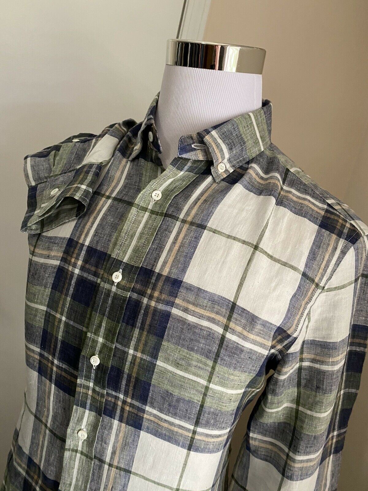 NWT $625 Brunello Cucinelli Мужская льняная классическая рубашка свободного кроя синяя/зеленая L