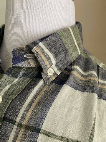 NWT $625 Brunello Cucinelli Men’s Linen Dress Shirt Leisure Fit Blue/Green L