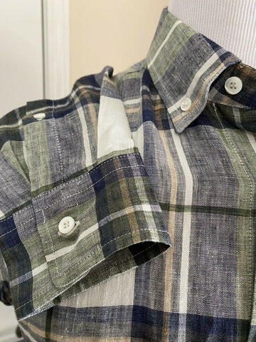 NWT $625 Brunello Cucinelli Men’s Linen Dress Shirt Leisure Fit Blue/Green L