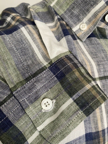 NWT $625 Brunello Cucinelli Men’s Linen Dress Shirt Leisure Fit Blue/Green L