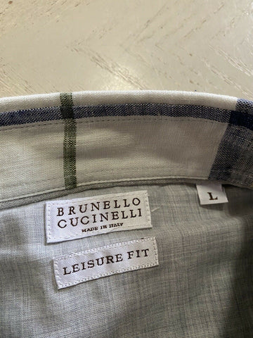 NWT $625 Brunello Cucinelli Men’s Linen Dress Shirt Leisure Fit Blue/Green L