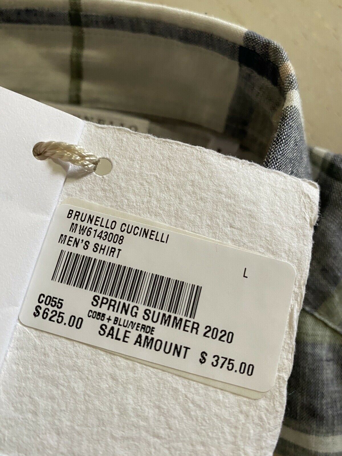 NWT $625 Brunello Cucinelli Мужская льняная классическая рубашка свободного кроя синяя/зеленая L