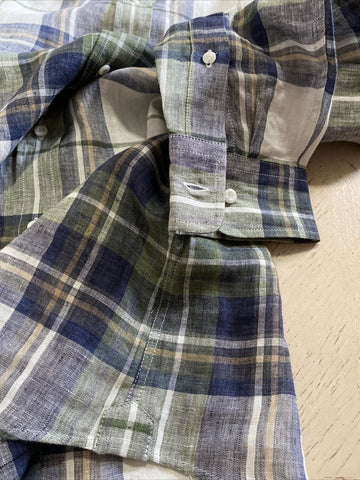 NWT $625 Brunello Cucinelli Men’s Linen Dress Shirt Leisure Fit Blue/Green L