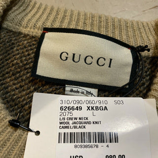 Neu mit Etikett: 1960 $ Gucci Herren Woll-Jacquard-Strick-Rundhalspullover Kamel/Schwarz L Italien
