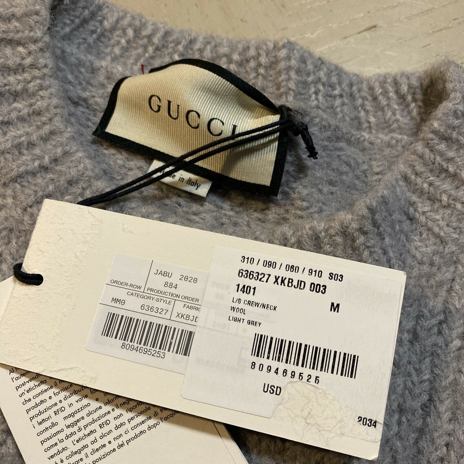 NWT $1600 Gucci Men Wool Crewneck Sweater Light Gray S Italy
