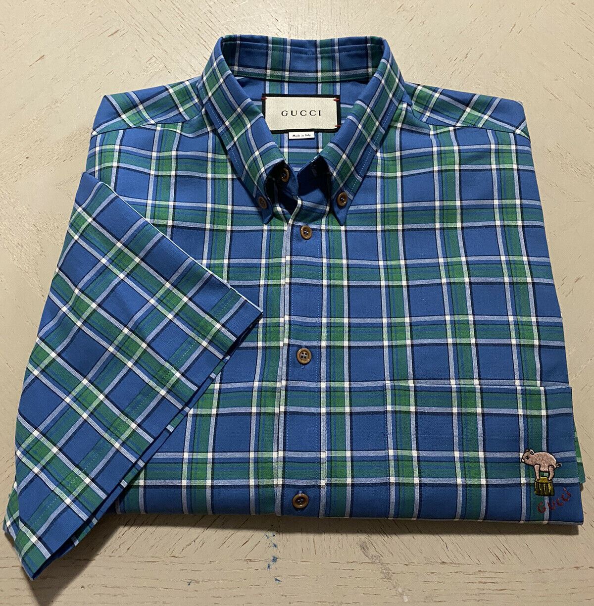 New $750 Gucci Men’s Short Sleeve Dress Shirt Blue Size L  Italy