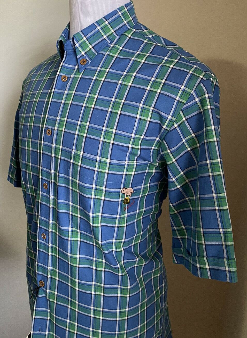 New $750 Gucci Men’s Short Sleeve Dress Shirt Blue Size L  Italy