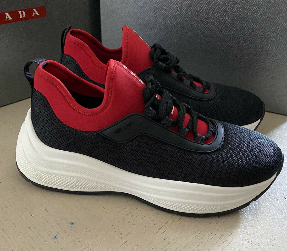 New $750 PRADA Men  Rete Neoprene Sneaker Shoes Red/Black 8.5 US/41.5 Eu Italy