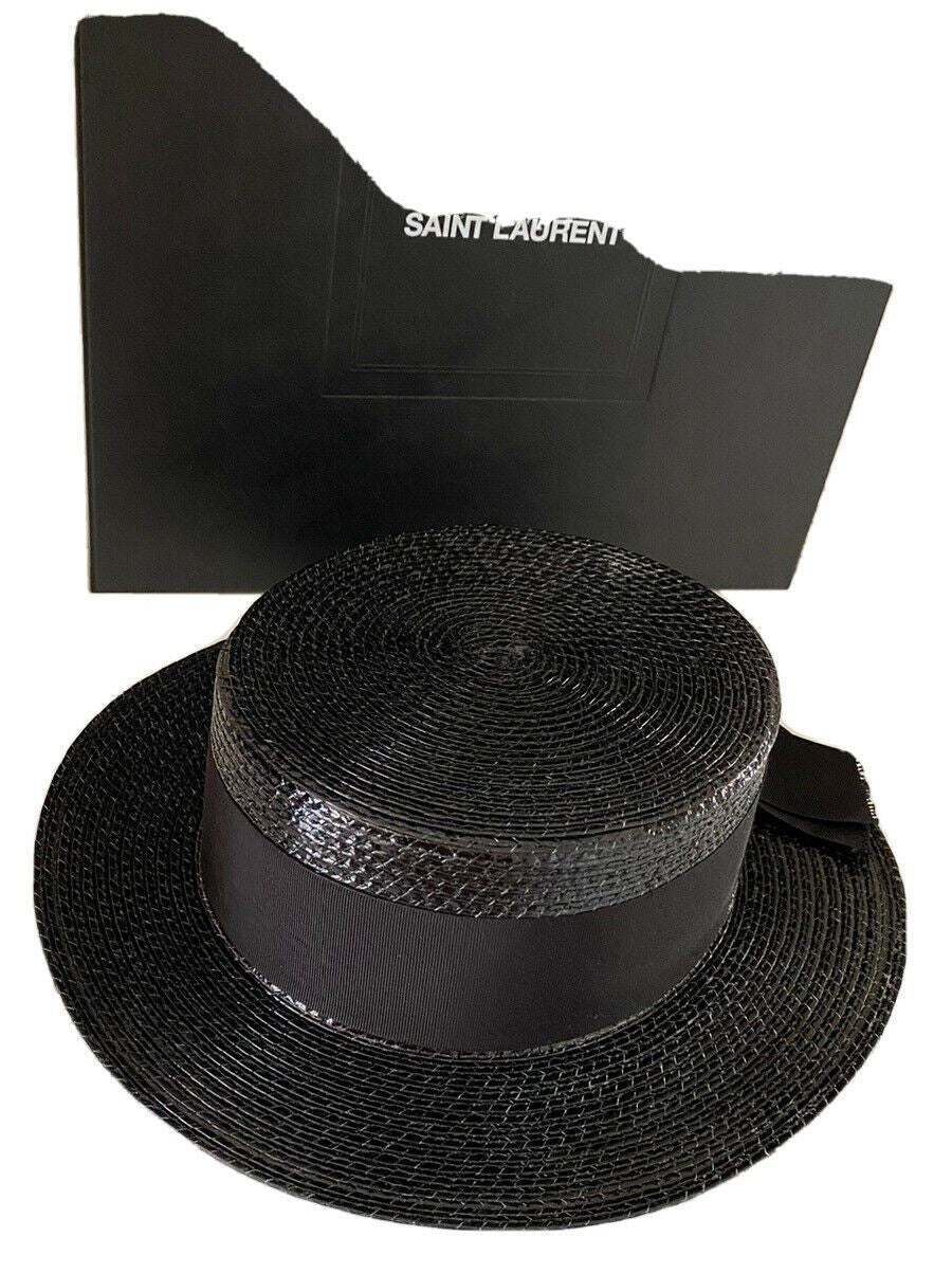 NWT $695 Saint Laurent Small Boater Hat In Varnished Straw Black M Italy