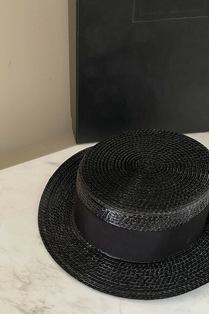NWT $695 Saint Laurent Small Boater Hat In Varnished Straw Black M Italy