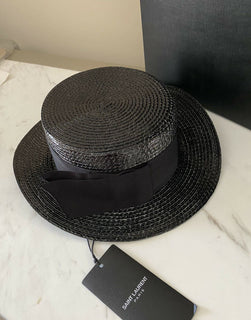 NWT $695 Saint Laurent Small Boater Hat In Varnished Straw Black M Italy