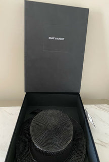 NWT $695 Saint Laurent Small Boater Hat In Varnished Straw Black M Italy