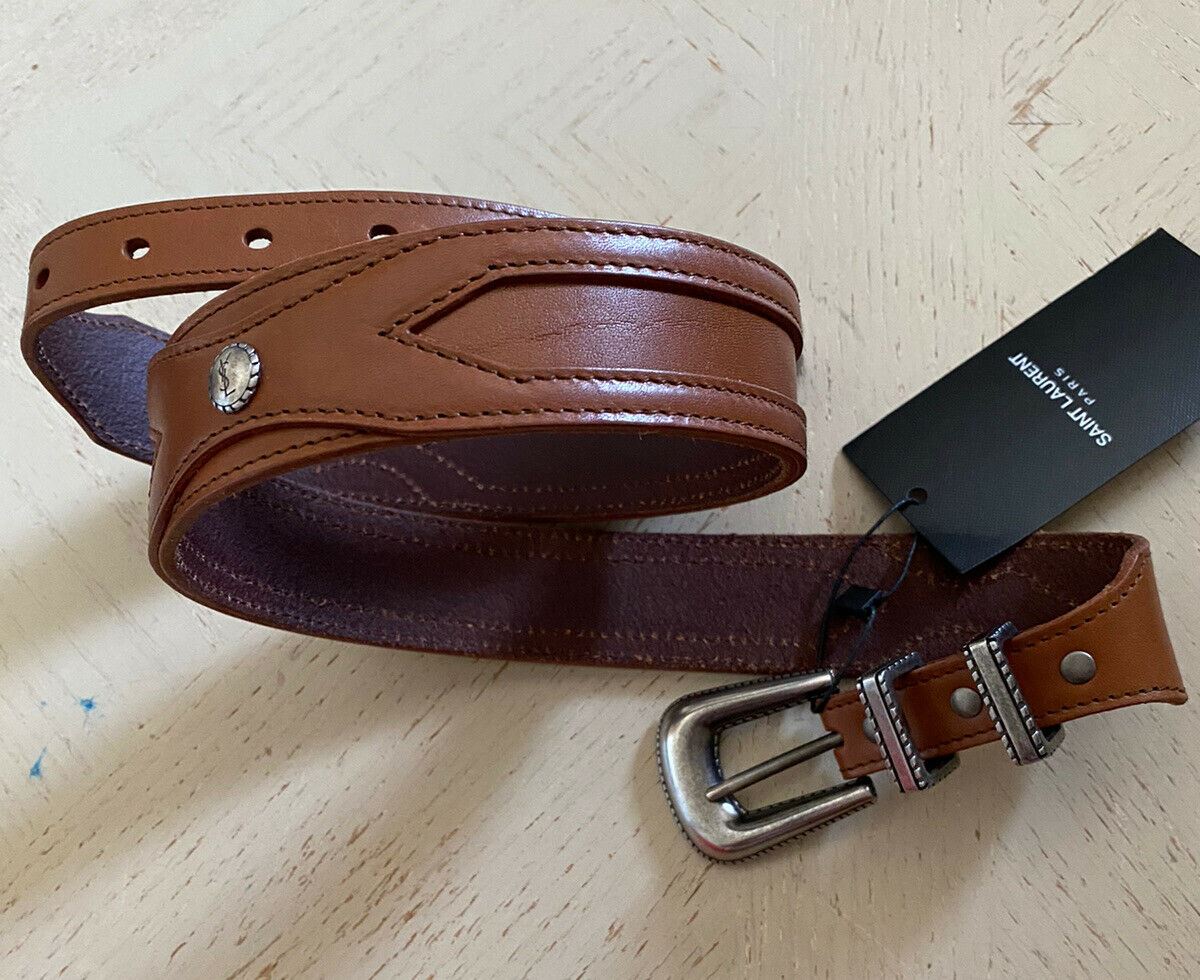 New $495 Saint Laurent Men’s Folk Double-Loop Belt DK Brown 32/85 Italy