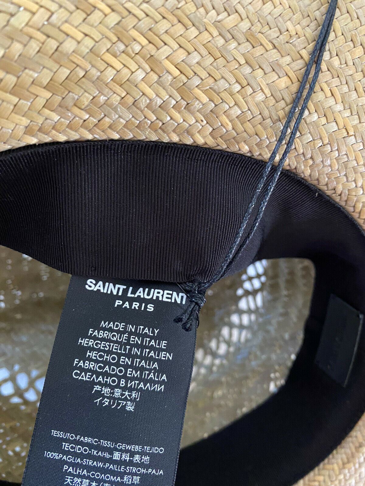 Neu mit Etikett: 895 $ Saint Laurent Stroh-Cowboyhut mit Leder und Federn Braun XL