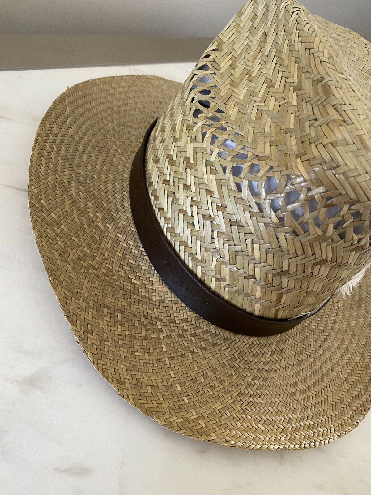 NWT $895 Saint Laurent Straw Cowboy Hat With Leather and Feathers Brown XL