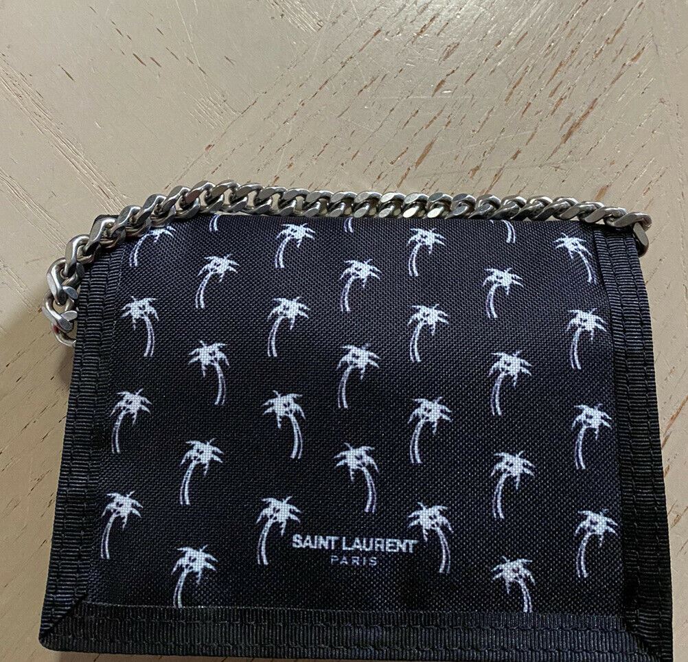 New Saint Laurent BUFFALO Chain Wallet In Palm tree-print Nylon Black 586279