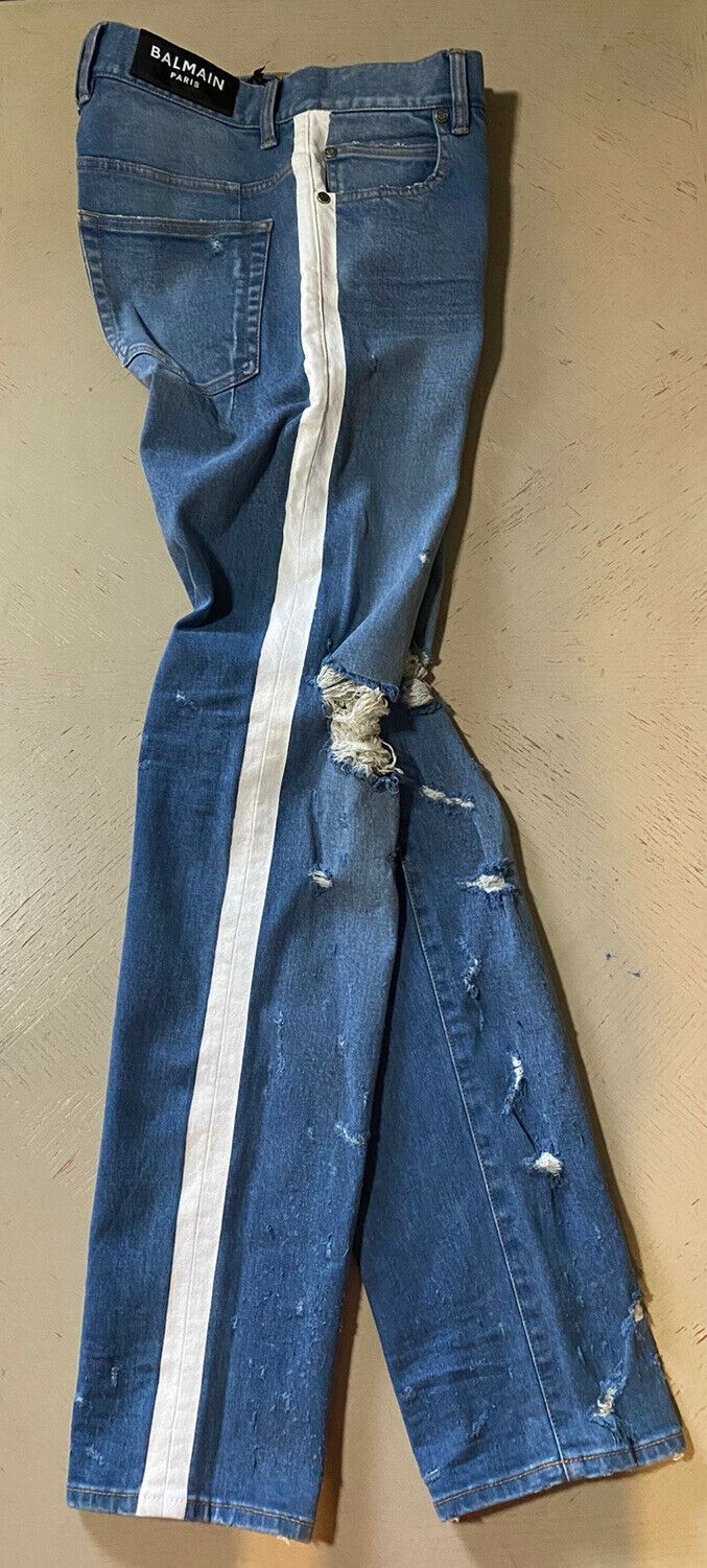 Neu mit Etikett: 995 $ Balmain Herren Distressed Side Tope Jeans Blau 30 (gemessen 32)