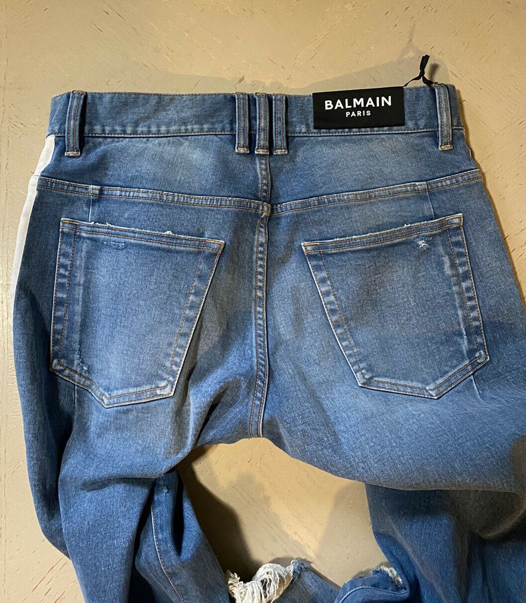 NWT $995 Balmain Men Distressed Side Tope Jeans Blue 30 ( Measured 32 )