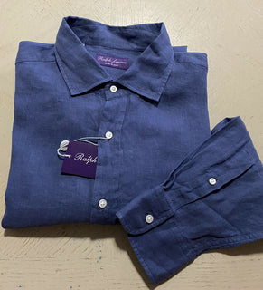 Neu mit Etikett: Ralph Lauren Purple Label Herren-Leinenhemd, Blau, XL, Italien