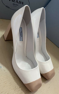 NIB $790 PRADA Damen Pumps aus zweifarbigem Lackleder Bianco 8,5 US/38,5 Ita.