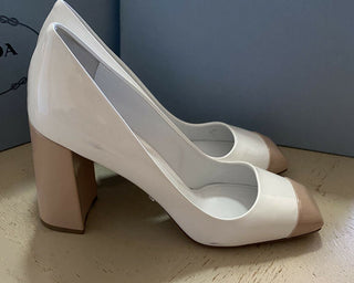 NIB $790 PRADA Damen Pumps aus zweifarbigem Lackleder Bianco 8,5 US/38,5 Ita.