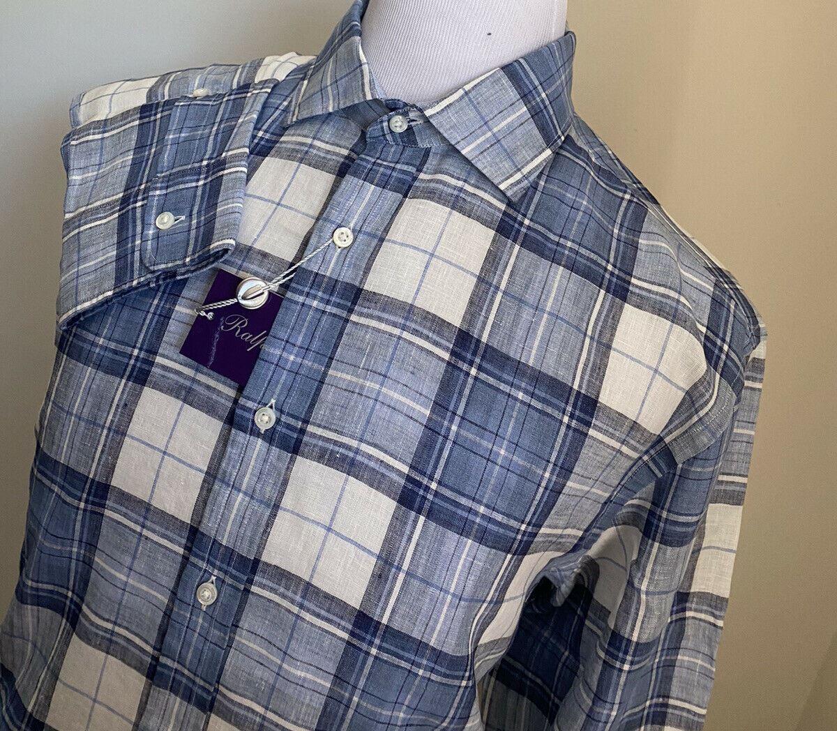 Neu mit Etikett: 495 $ Ralph Lauren Purple Label Herren Leinenhemd Blau XL Italien