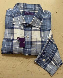 Neu mit Etikett: 495 $ Ralph Lauren Purple Label Herren Leinenhemd Blau XL Italien
