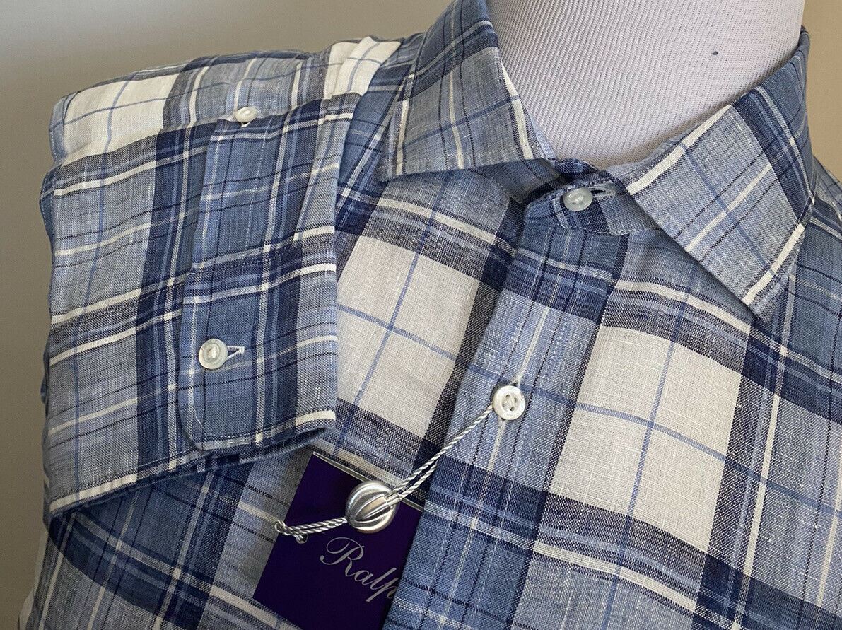 NWT $495 Ralph Lauren Purple Label Men Linen Shirt Blue XL Italy