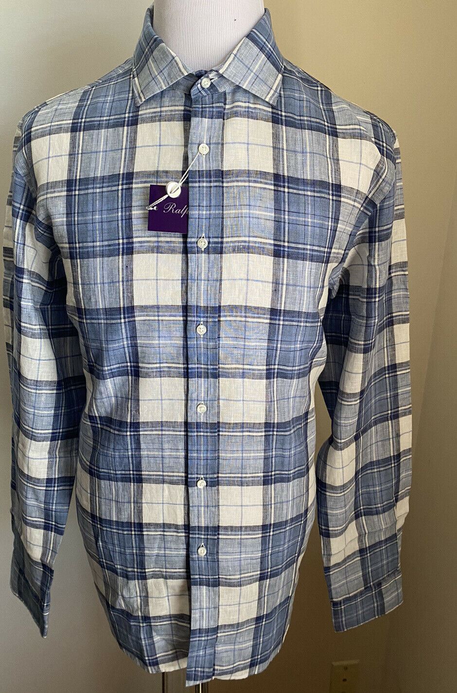 NWT $495 Ralph Lauren Purple Label Men Linen Shirt Blue XL Italy