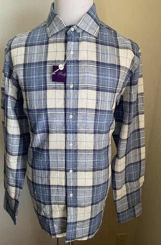 Neu mit Etikett: 495 $ Ralph Lauren Purple Label Herren Leinenhemd Blau XL Italien