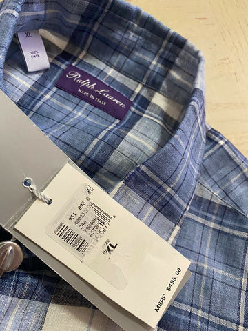 Neu mit Etikett: 495 $ Ralph Lauren Purple Label Herren Leinenhemd Blau XL Italien