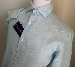 Neu mit Etikett: 450 $ Ralph Lauren Purple Label Herren Leinenhemd Blau 42/16,5 Italien