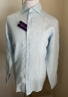 Neu mit Etikett: 450 $ Ralph Lauren Purple Label Herren Leinenhemd Blau 42/16,5 Italien