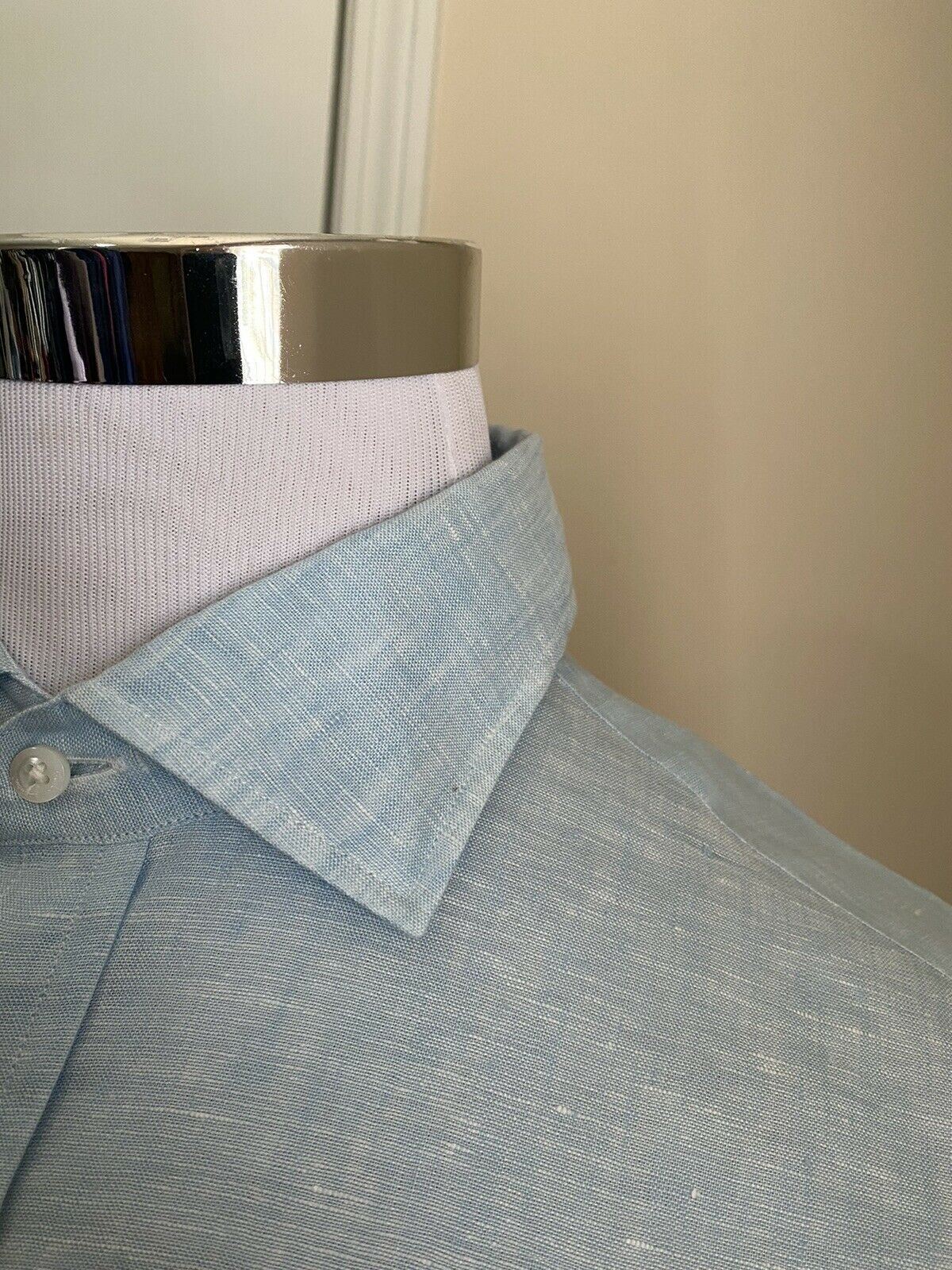 NWT $450 Ralph Lauren Purple Label Men Linen Shirt Blue 42/16.5 Italy