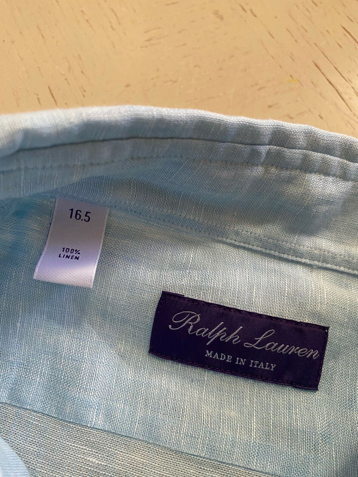 NWT $450 Ralph Lauren Purple Label Men Linen Shirt Blue 42/16.5 Italy