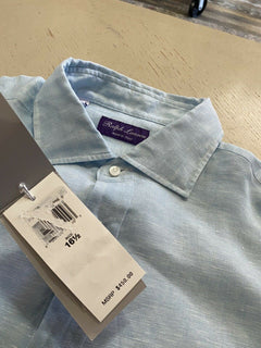 Neu mit Etikett: 450 $ Ralph Lauren Purple Label Herren Leinenhemd Blau 42/16,5 Italien