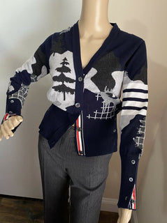 Neu für 1800 $ Thom Browne Forest Scenery Intarsien-Kaschmir-Cardigan-Pullover Navy 4