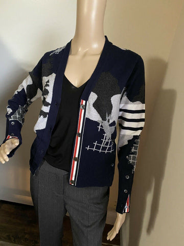 Новый кашемировый кардиган с интарсией Thom Browne за 1800 долларов, темно-синий 4