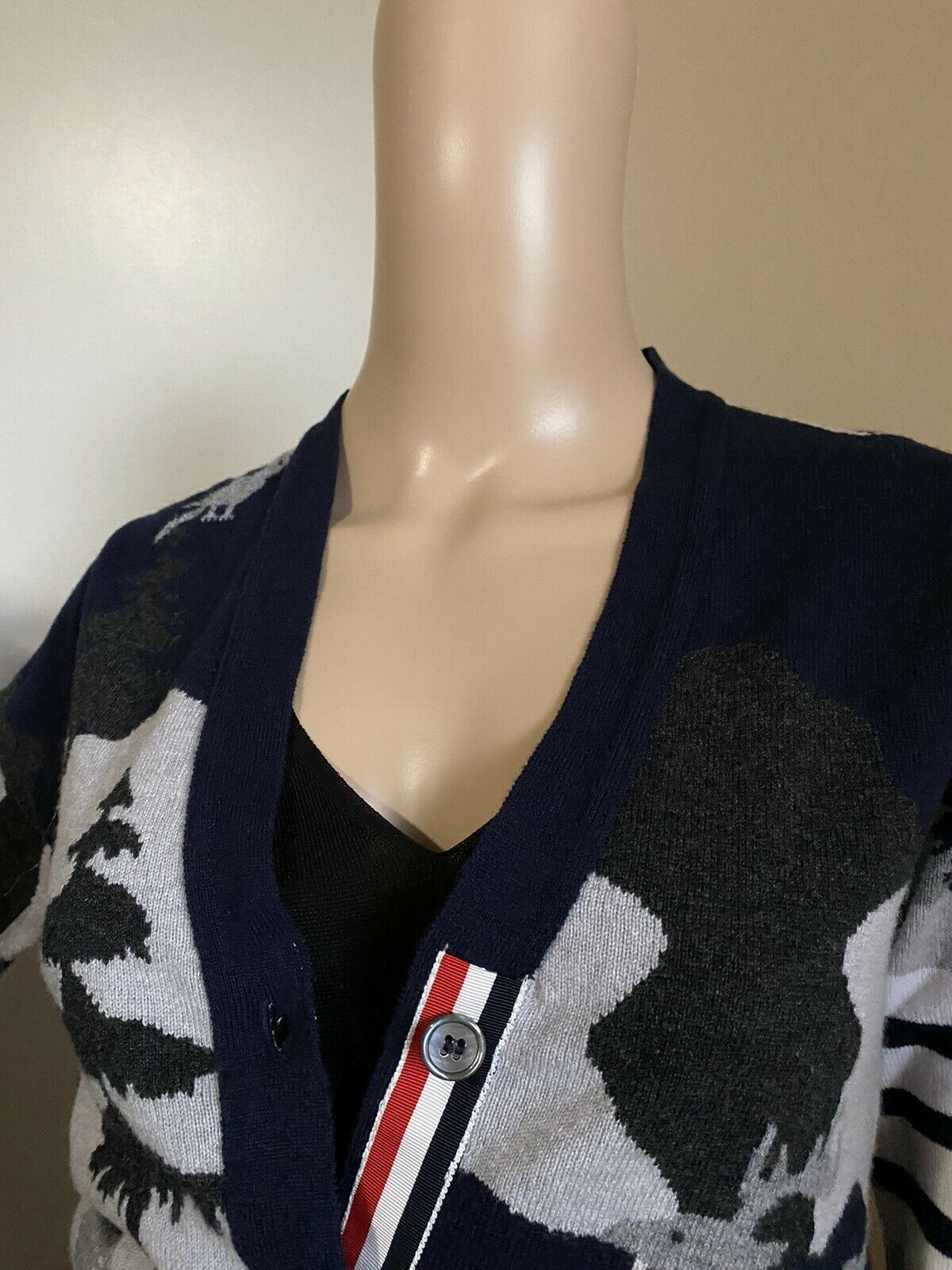 New $1800 Thom Browne Forest Scenery Intarsia Cashmere Cardigan Sweater Navy 4