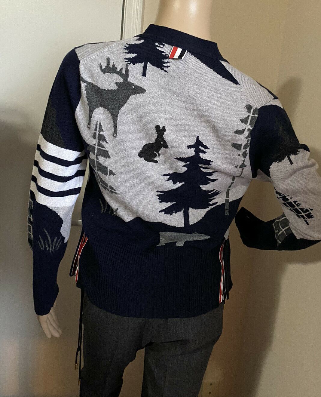 New $1800 Thom Browne Forest Scenery Intarsia Cashmere Cardigan Sweater Navy 4