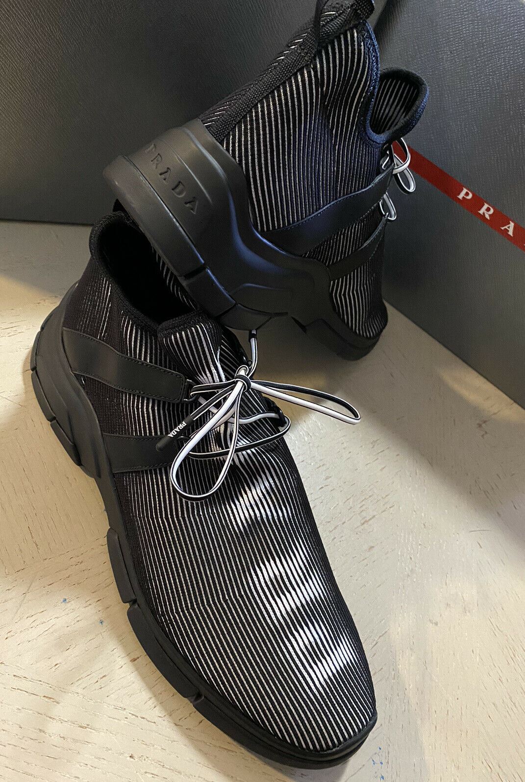 New $750 PRADA Men Logo Knit Row Sneakers Shoes Black 10.5 US/43.5 Eu Italy