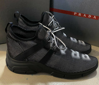 Neue $750 PRADA Herren Logo Knit Row Sneakers Schuhe Schwarz 10,5 US/43,5 Eu Italien