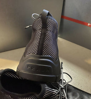 Neue $750 PRADA Herren Logo Knit Row Sneakers Schuhe Schwarz 10,5 US/43,5 Eu Italien