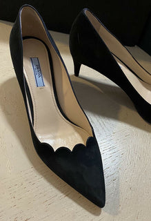 NIB $ 750 PRADA Damen Scallop Wildleder Pumps Schuhe Schwarz 8,5 US/38,5 Eu Italien