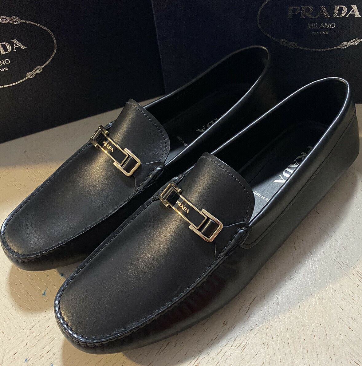 New PRADA Men’s Leather Driver Loafers Shoes Black 13 US Italy
