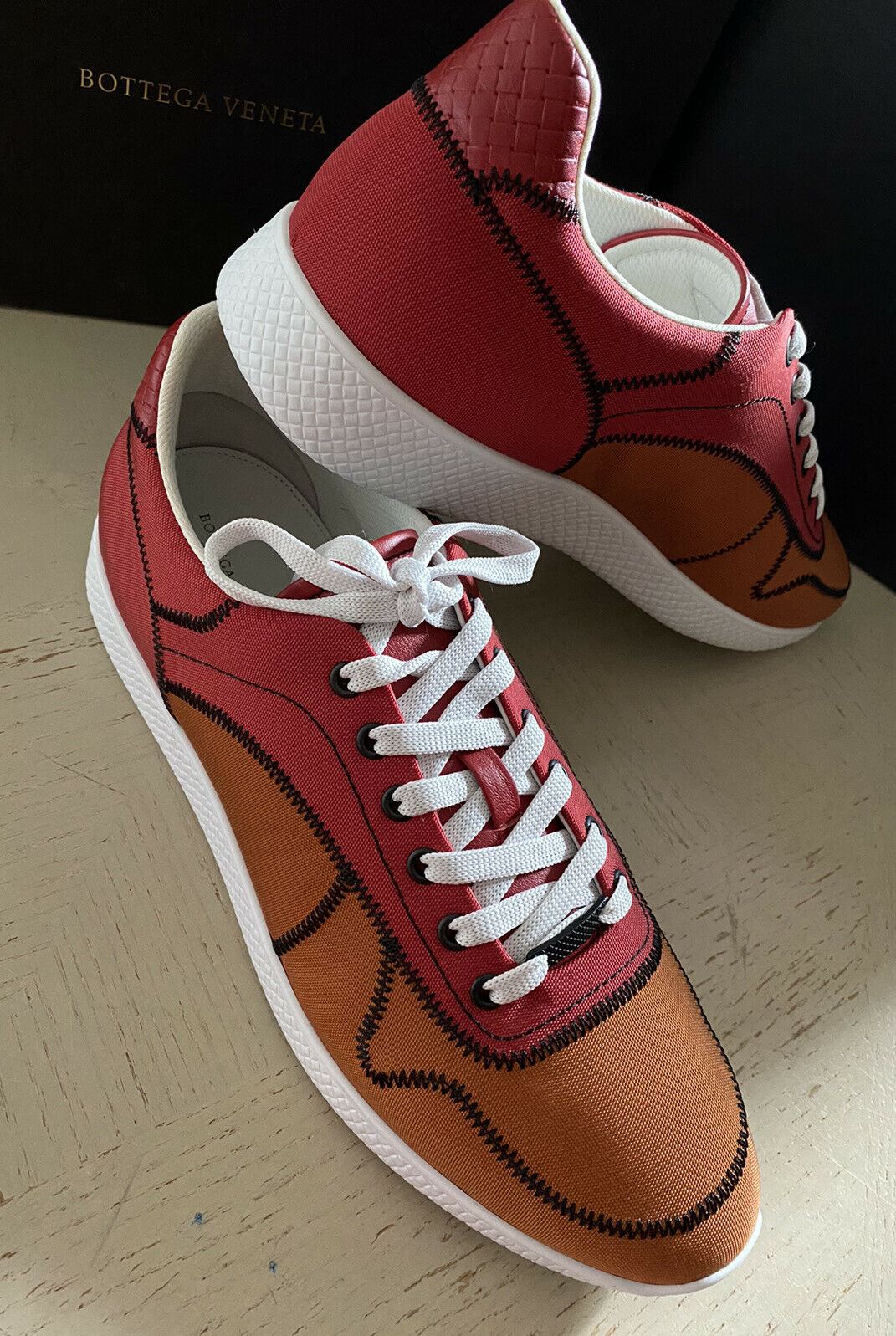 NIB $650 Bottega Veneta Men Canvas/Leather Sneaker Shoes Orange/Red 9.5 US/42.5